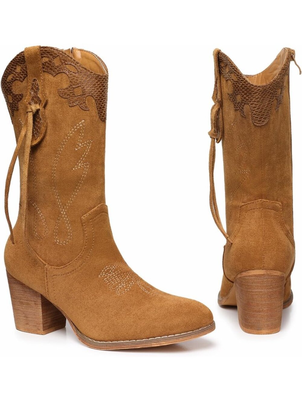 Women's Camel Western Country High Heel Boots Suede Zipper Mid Calf Booties - Picture 5 of 6